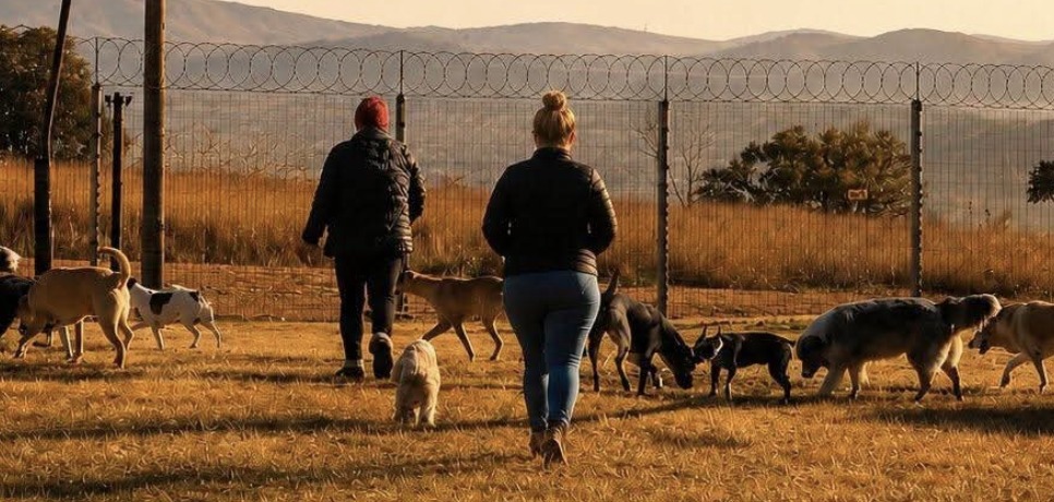 Handlers walking a pack of dogs across the open veld at Centurion Bark Farm