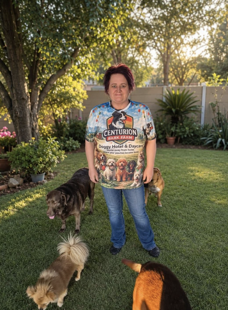 The Bark Farm owner outside surrounded by the dogs in her care