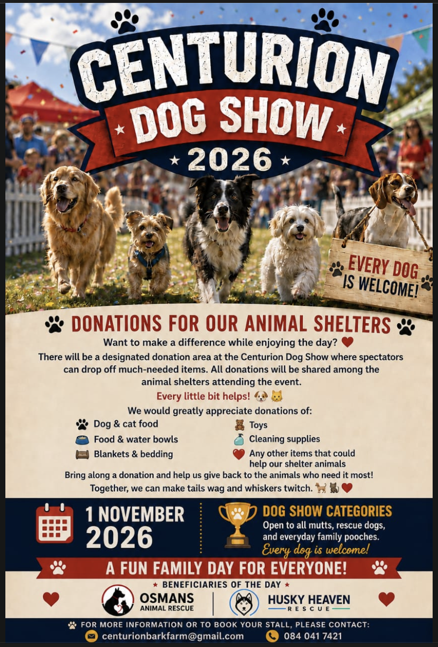 Poster listing the donations requested for the shelters at the Centurion Dog Show 2026